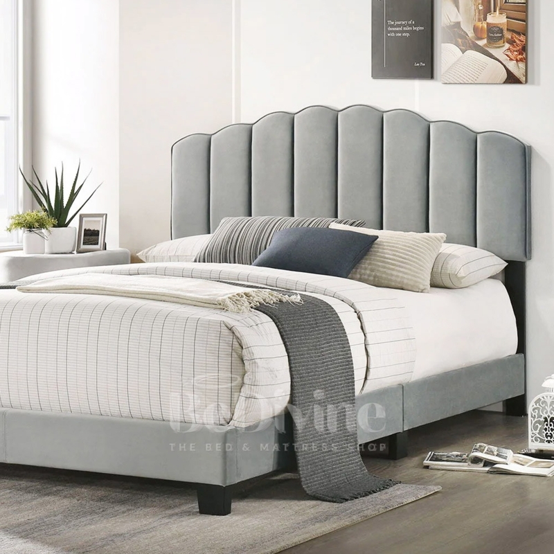 Upholstered Bed with Vertical Channel Tufting in Grey