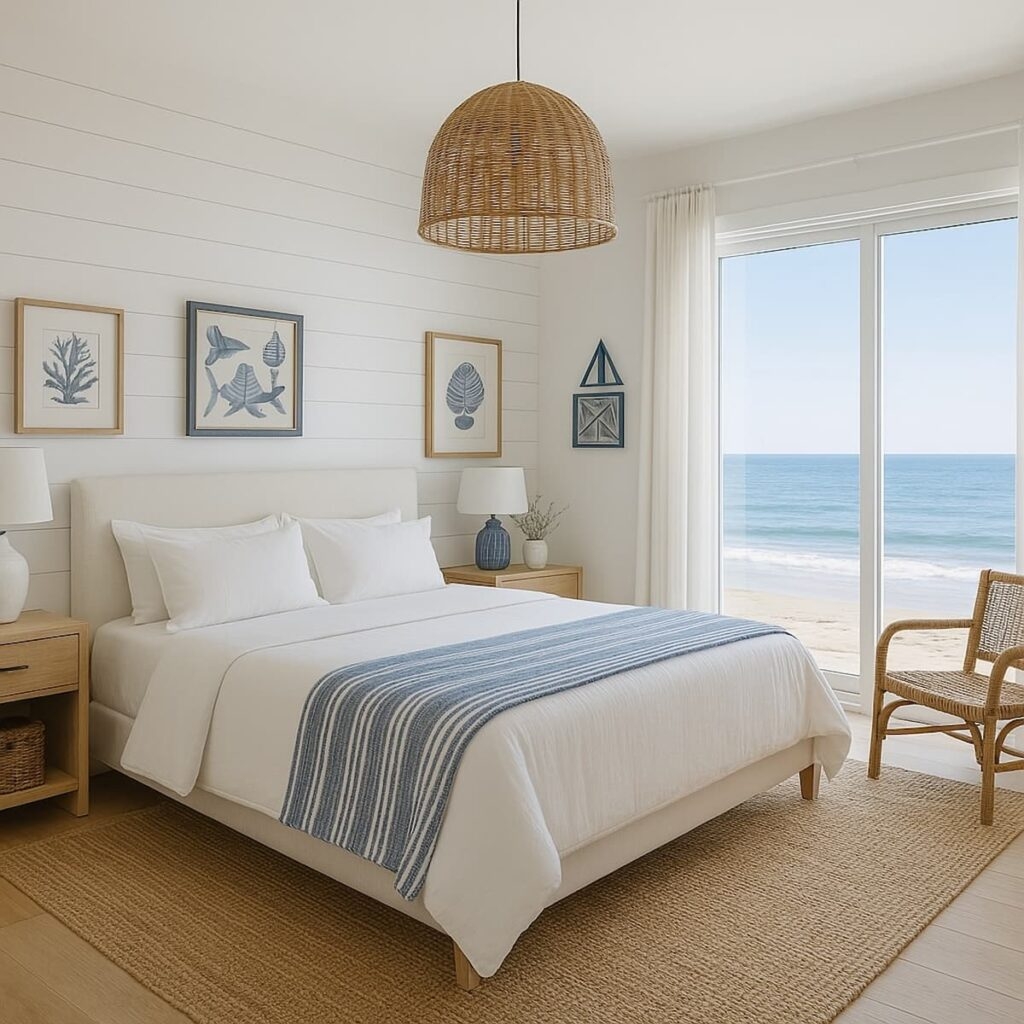 Upholstered Bed with White Shiplap and Striped Textile