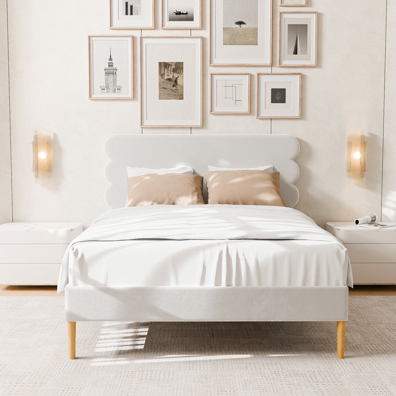 Upholstered Bed with White Velvet and Tapered Wood Legs