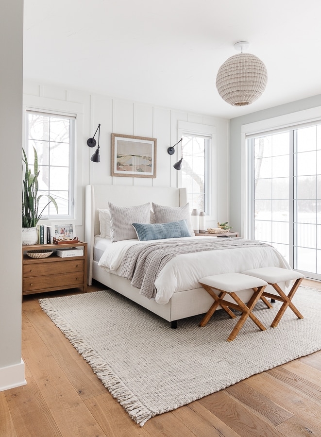 Upholstered Bed with X-Base Stools and Board and Batten