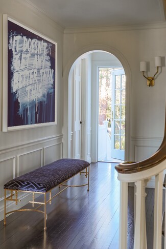 Upholstered Bench Gold Fretwork Base and Purple Geometric Art
