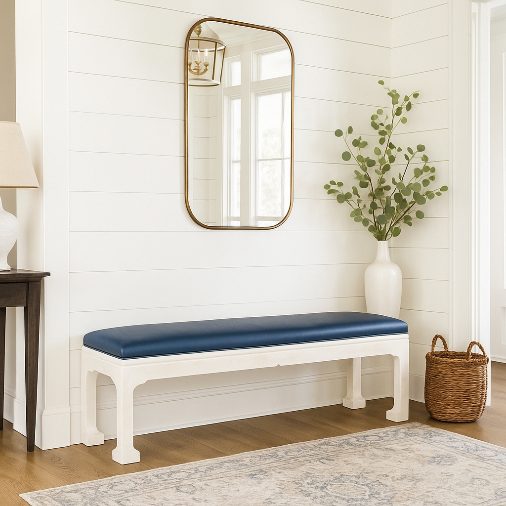 Upholstered Bench with Notched Legs and Navy Blue Fabric