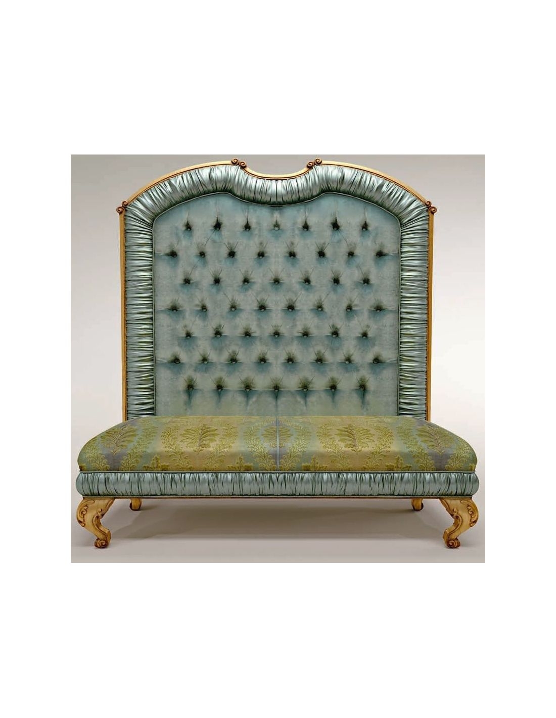 Upholstered Bench with Ruched Fabric Border Gilded Rococo