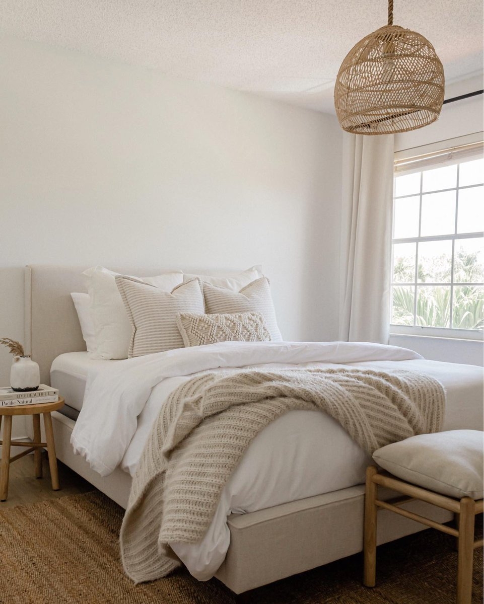 Upholstered Panel Bed having Woven Bell Pendant and Ivory Layers