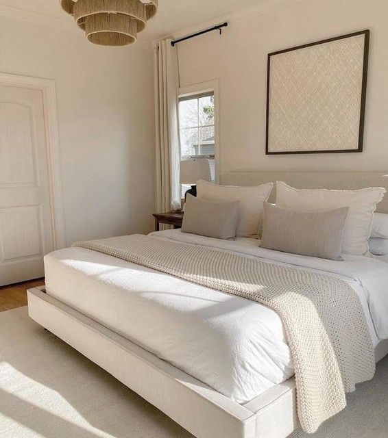 Upholstered Panel Bed using Tiered Rattan Lighting and Oatmeal