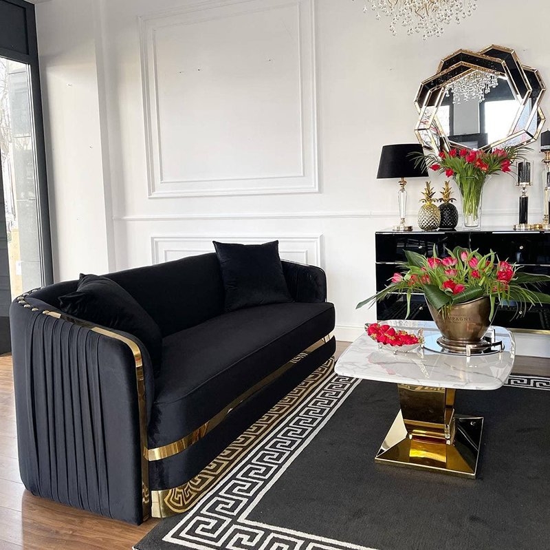 Upholstered Sofa with Vertical Pleated Sides and Gold Trim