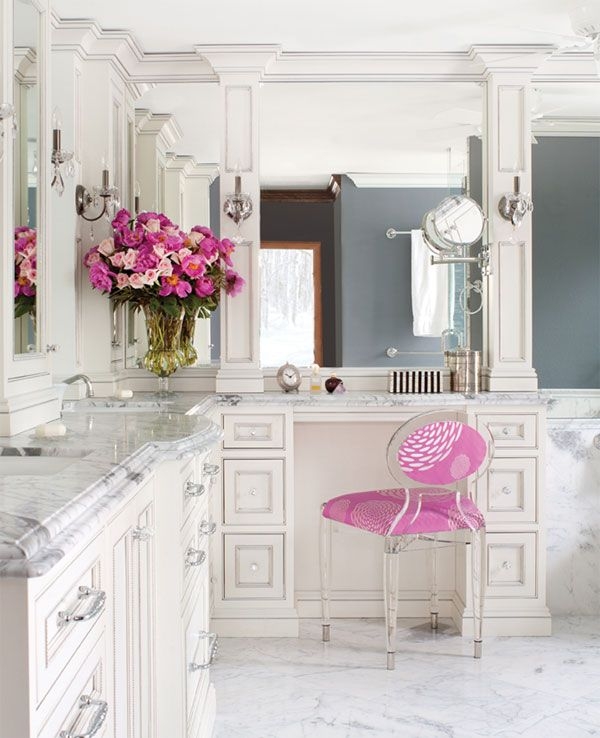 Vanity Desk Thick Marble Edge and Pink Patterned Chair