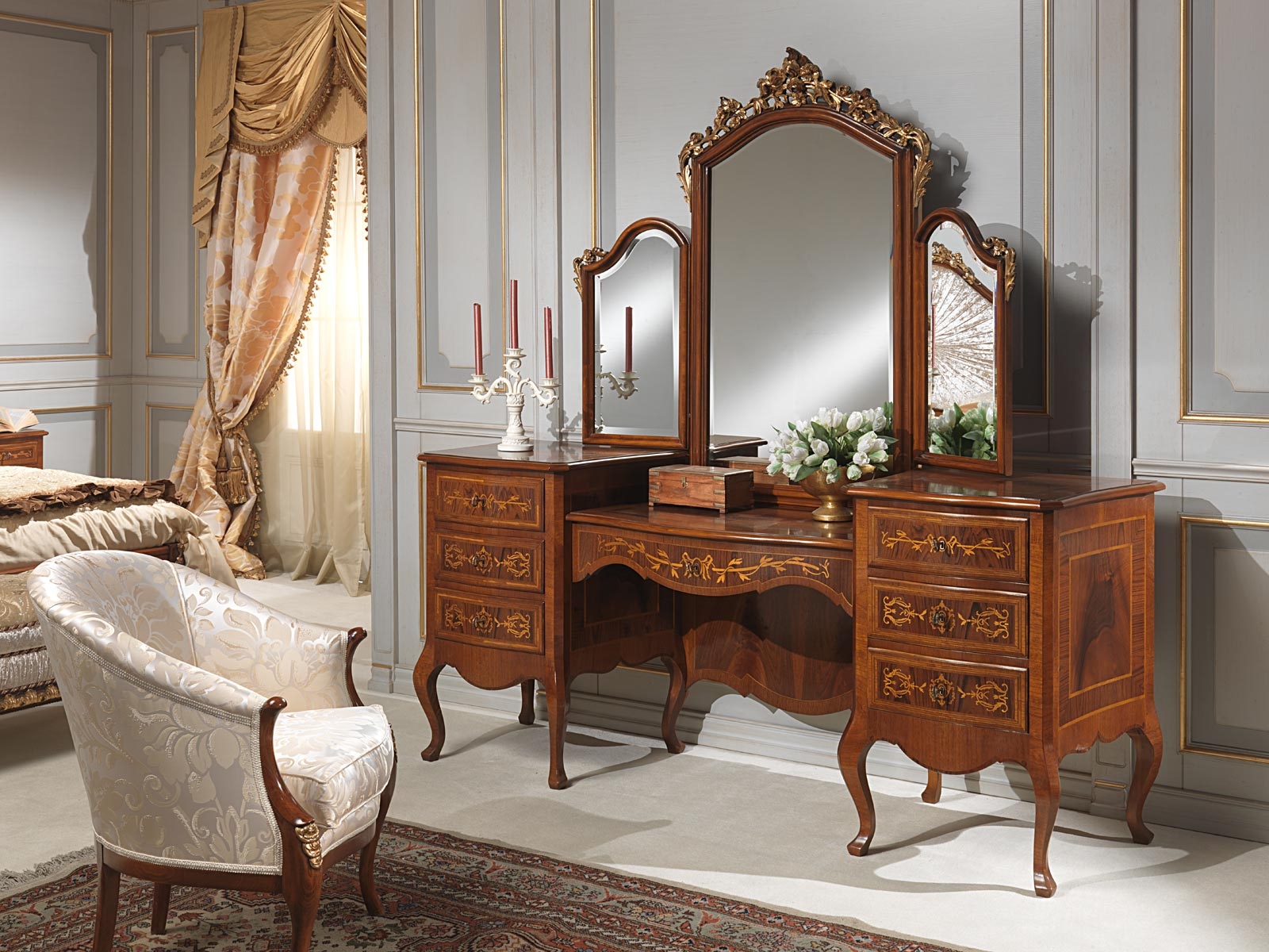 Vanity Table with Triptych Mirror and Marquetry Wood Inlay