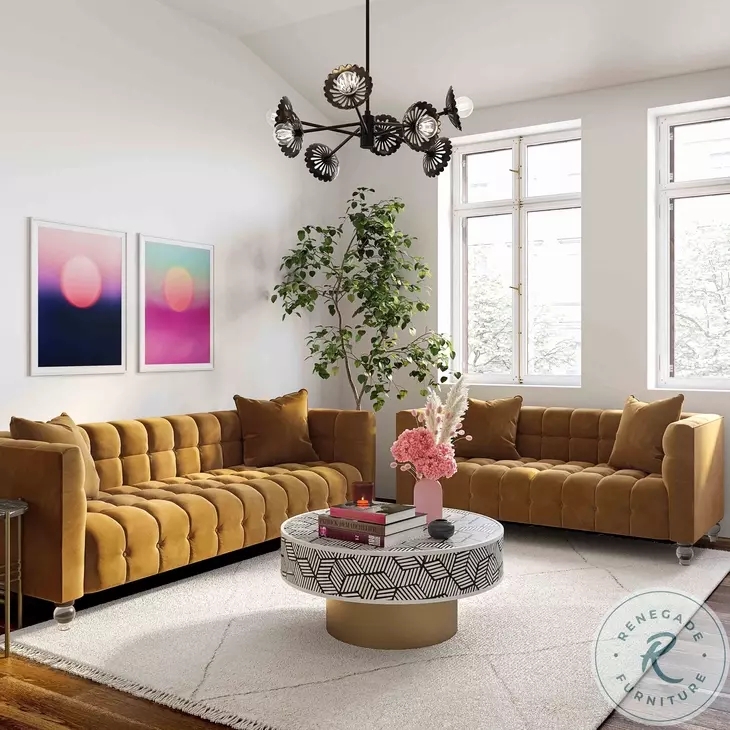 Velvet Sofa: Cognac Biscuit Tufting with Acrylic Legs