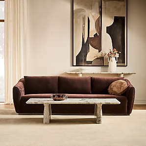 Velvet Sofa: Tuxedo Back and Stone Slab Coffee Table