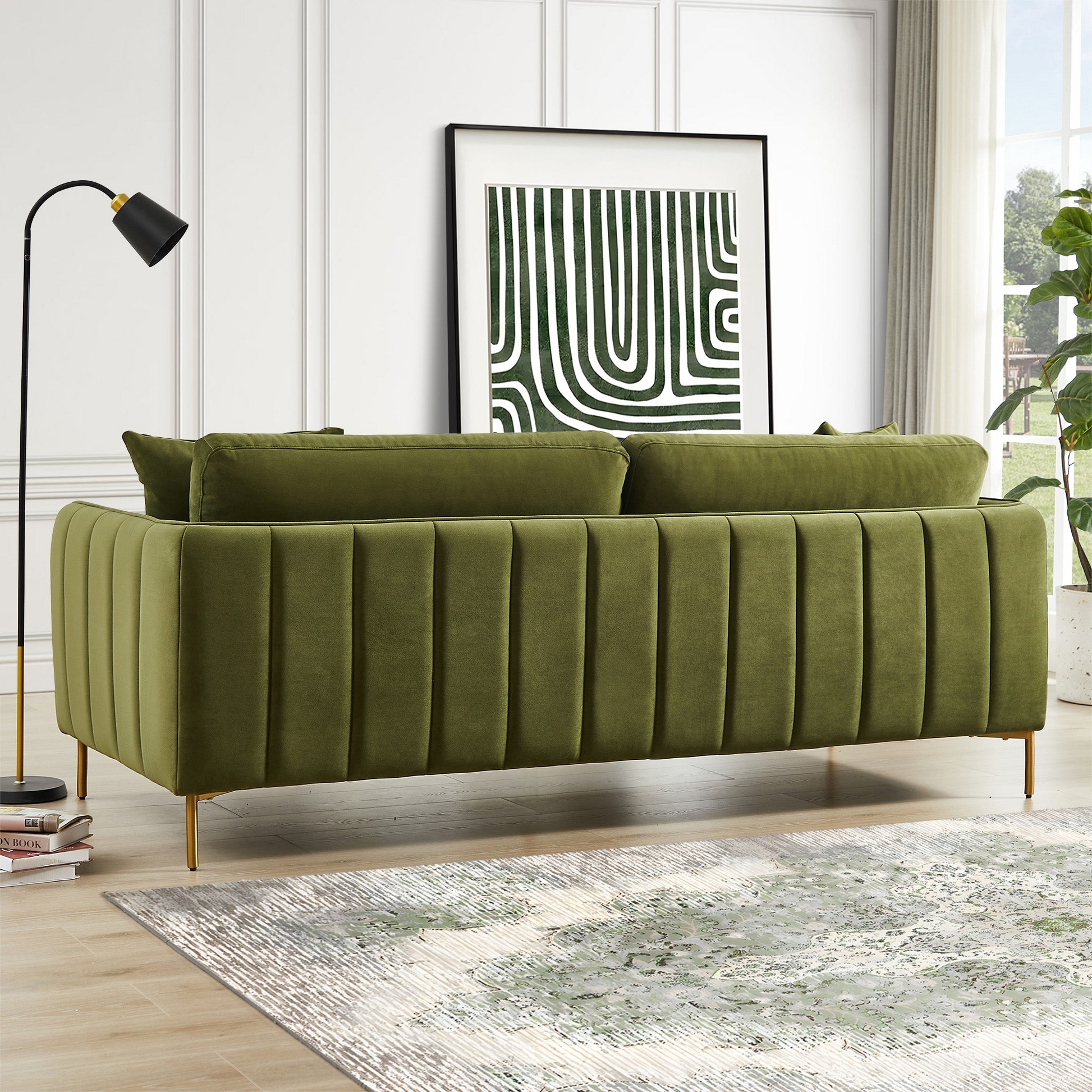 Velvet Sofa Vertical Channeling Contemporary Gold Leg