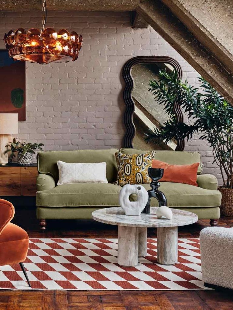 Velvet Sofa Wavy Mirror Eclectic Loft Sage Seating