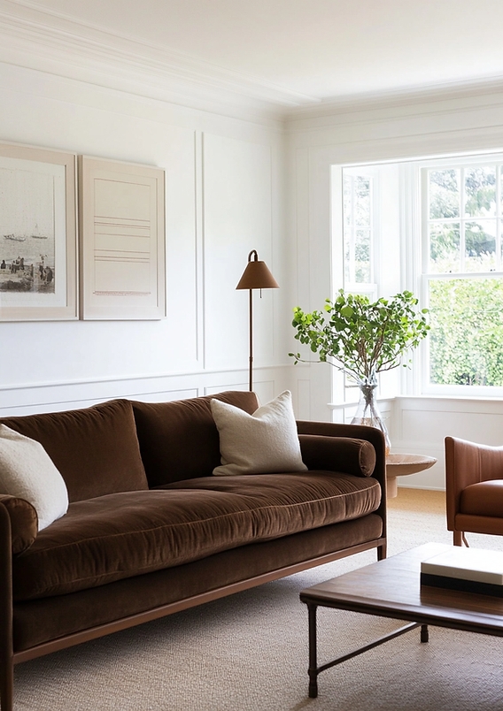 Velvet Sofa: Wood Base Frame and Chocolate Brown Upholstery
