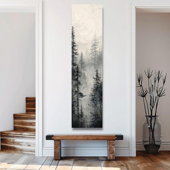Vertical Wall Art: Misty Forest Print Monochrome Landscape