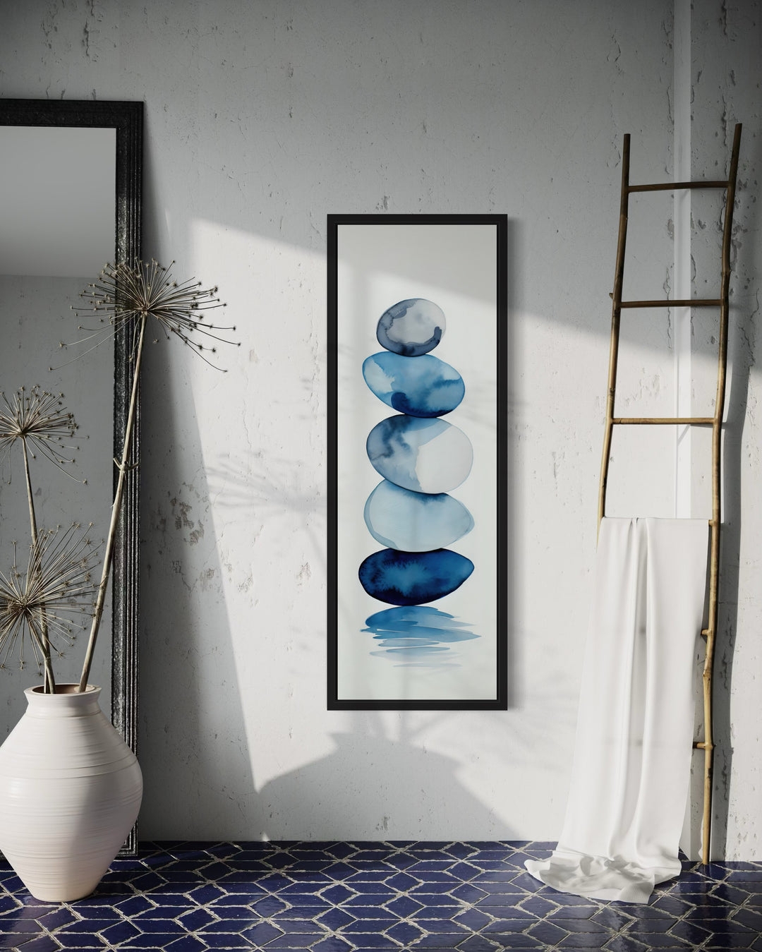 Vertical Wall Art: Zen Stacked Stones Navy Blue Rocks Art