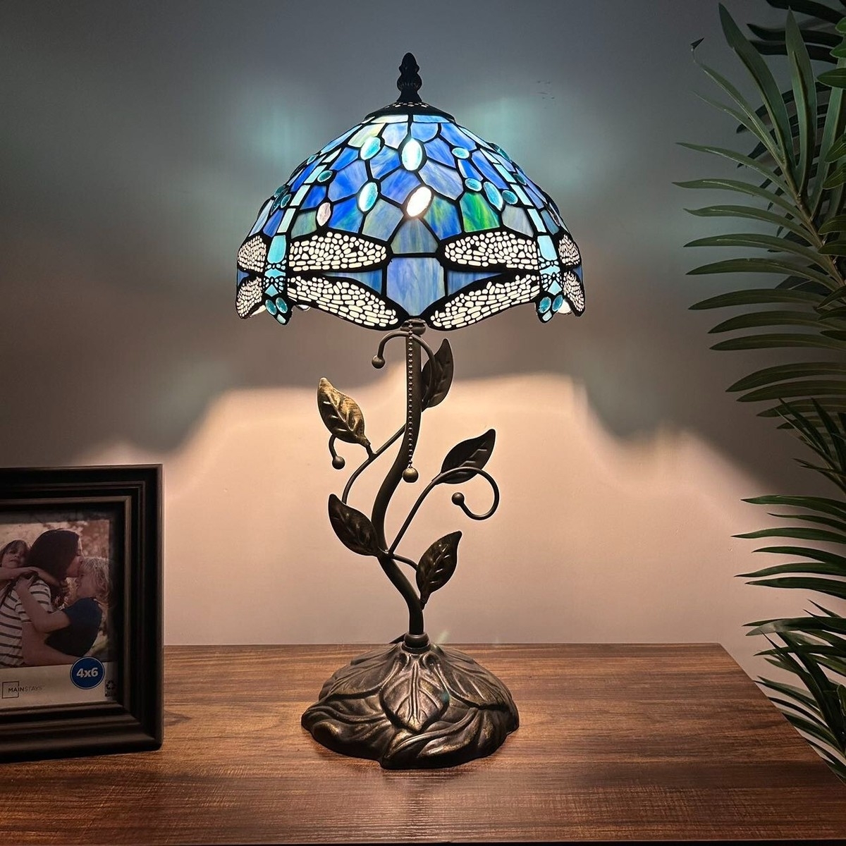 Vine Sculpted Base Table Lamp with Blue Dragonfly Motif