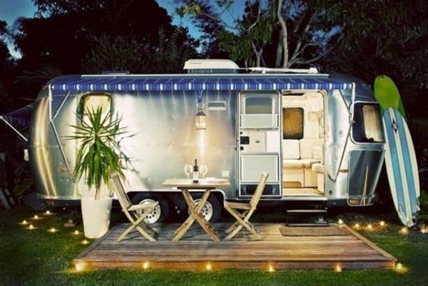 Vintage Travel Trailer - Metallic Silver Striped Awning