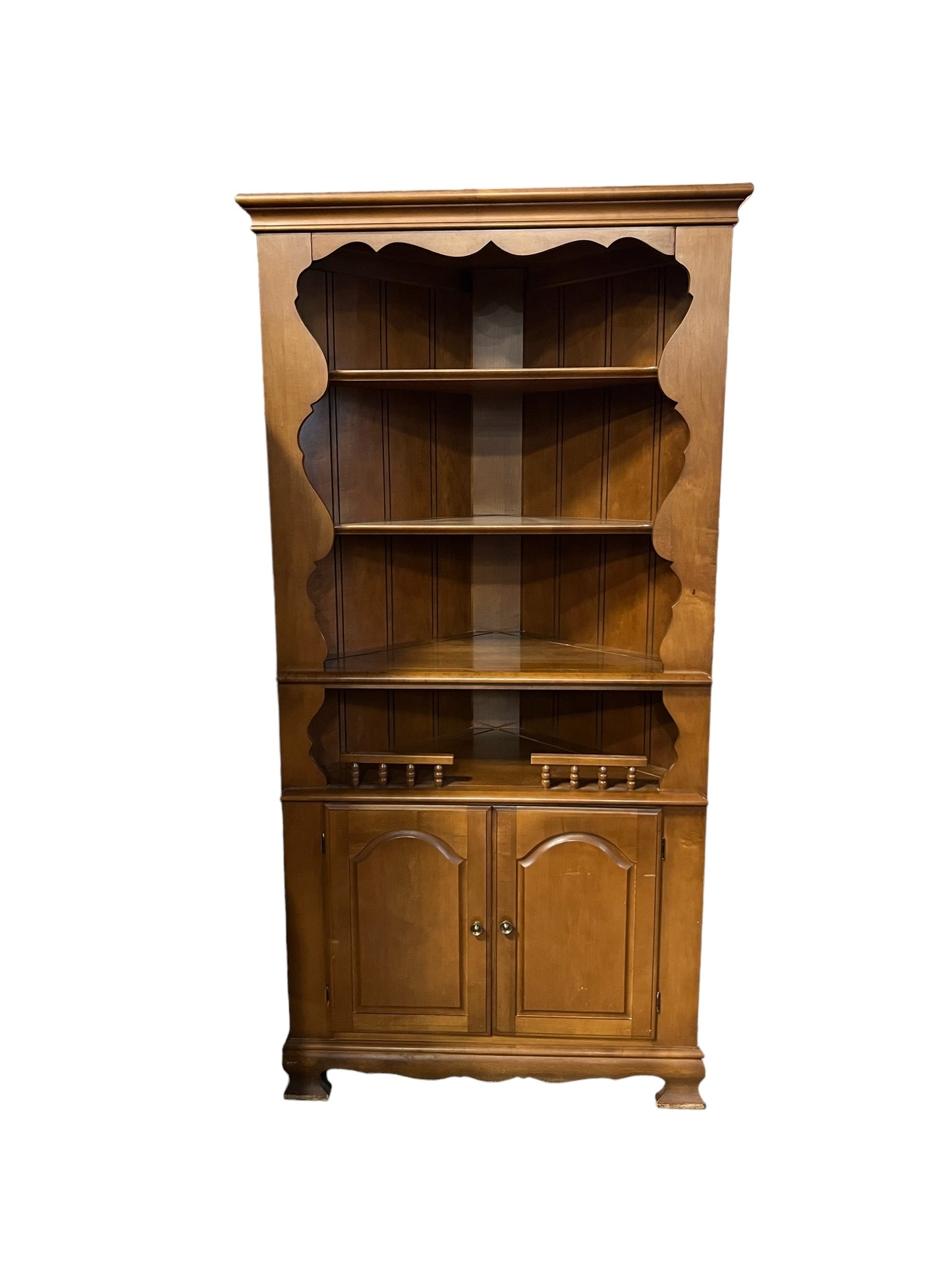 Vintage Wood Corner Hutch with Rustic Scalloped Trim