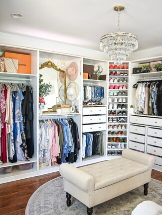 Walk In Closet: Custom White Shelving Crystal Lighting