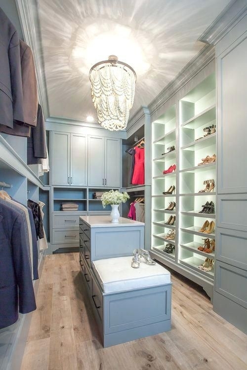 Walk In Closet: Pale Blue Cabinetry Lighted Shoe Display