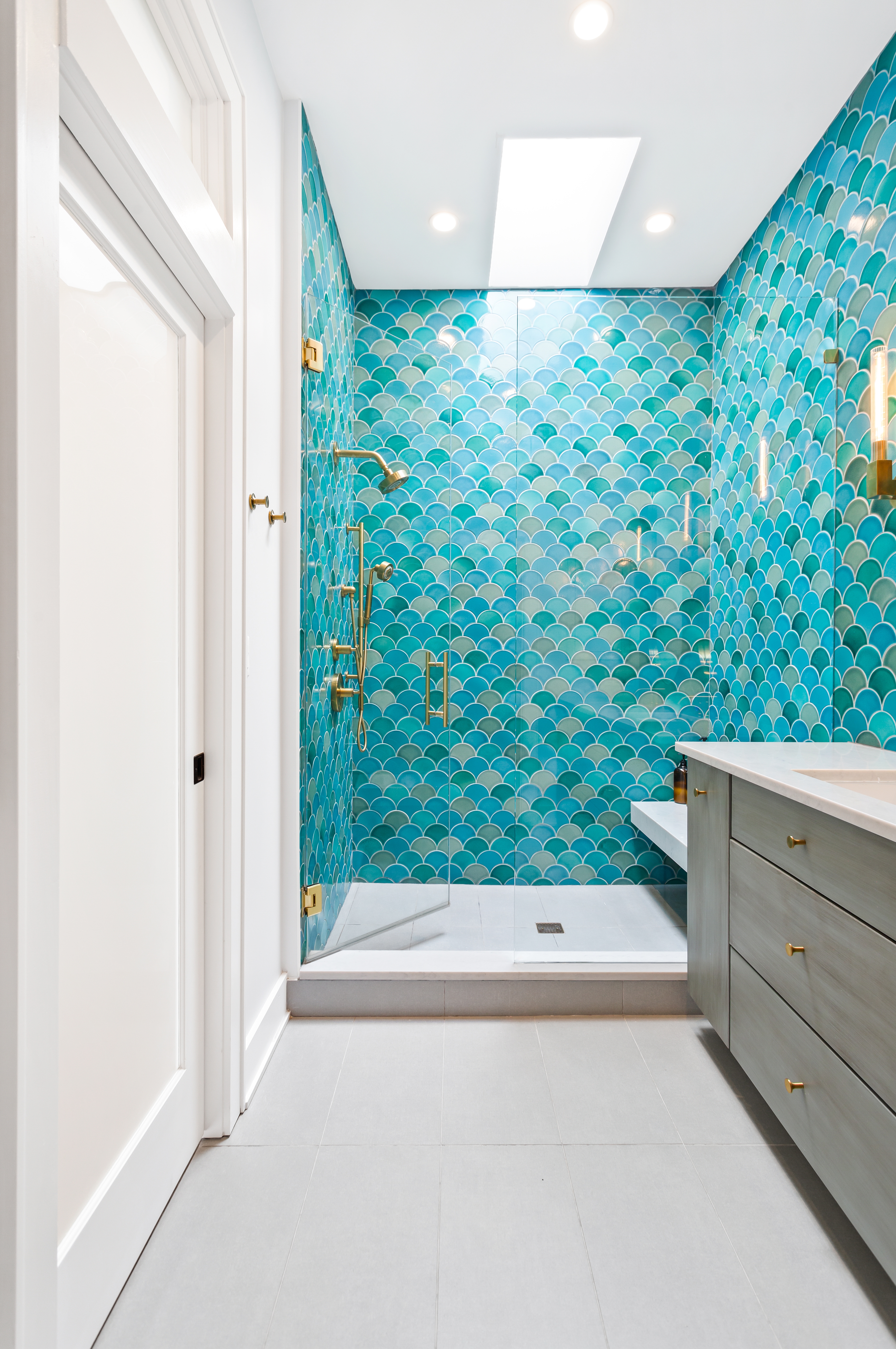 Walk In Shower Brass Fixtures Mermaid Tile Shower Ogee