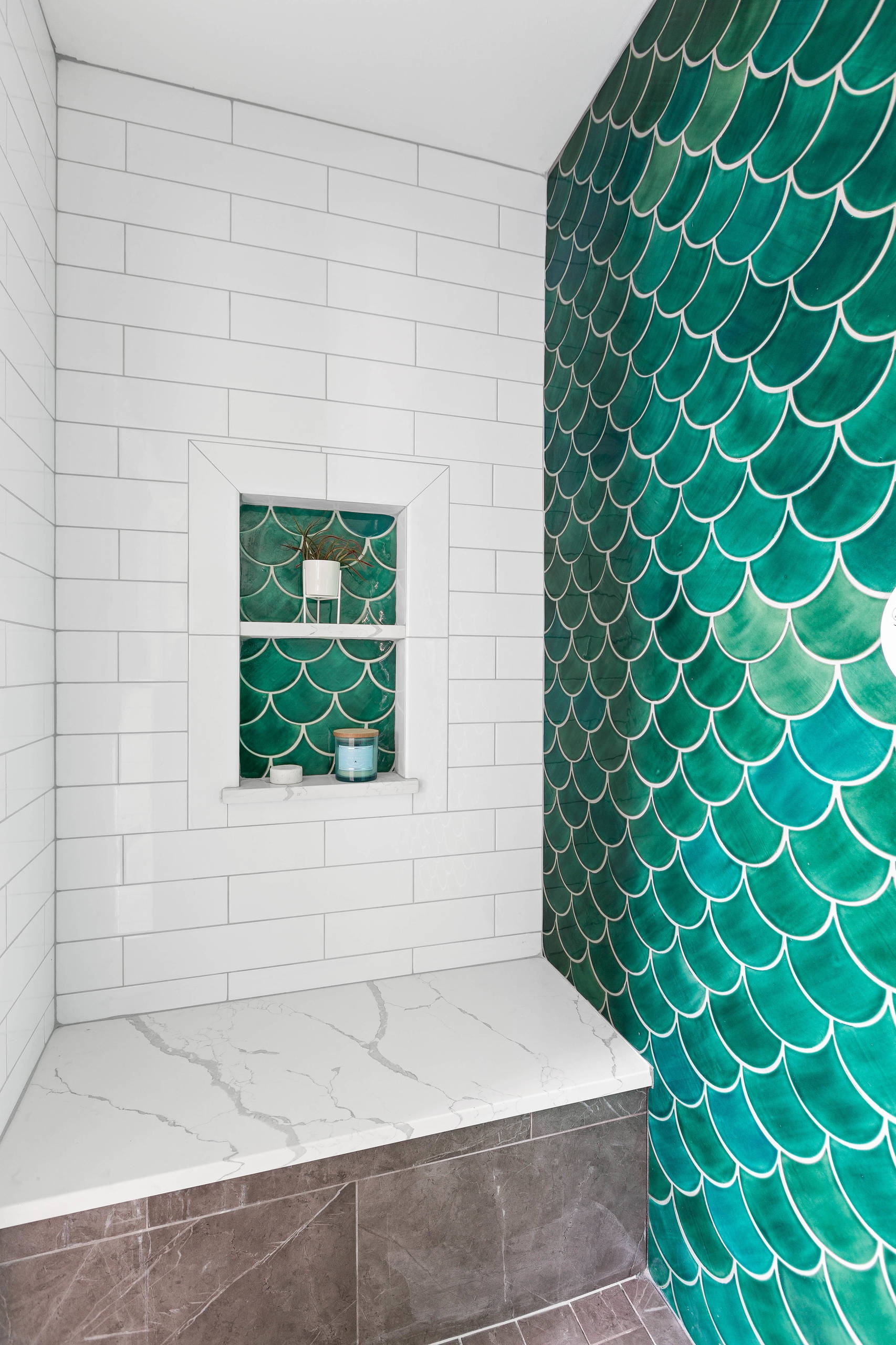 Walk In Shower Emerald Green Mermaid Tile Tiered Niche