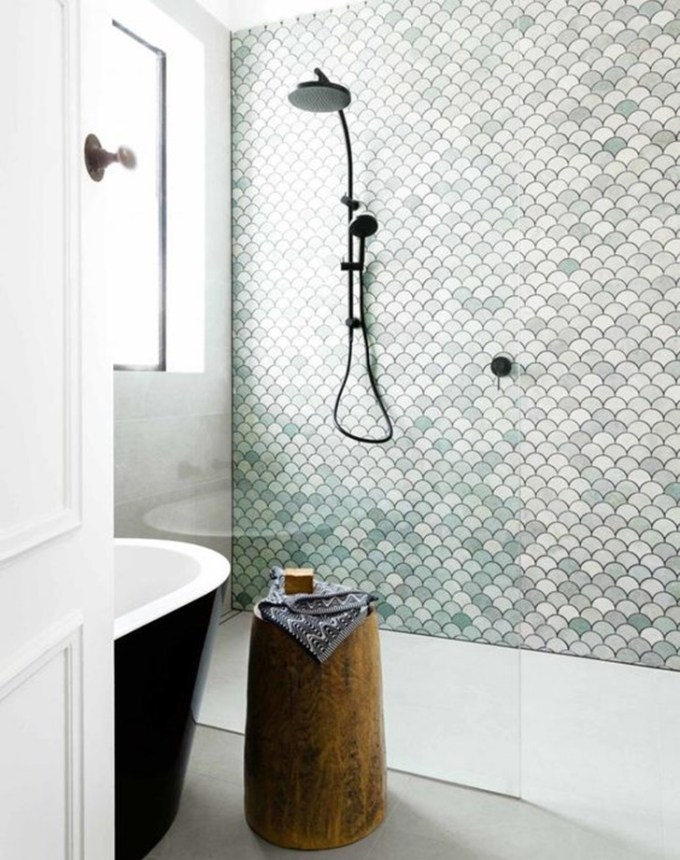 Walk In Shower Matte Black Mermaid Scale Bathroom Tiles