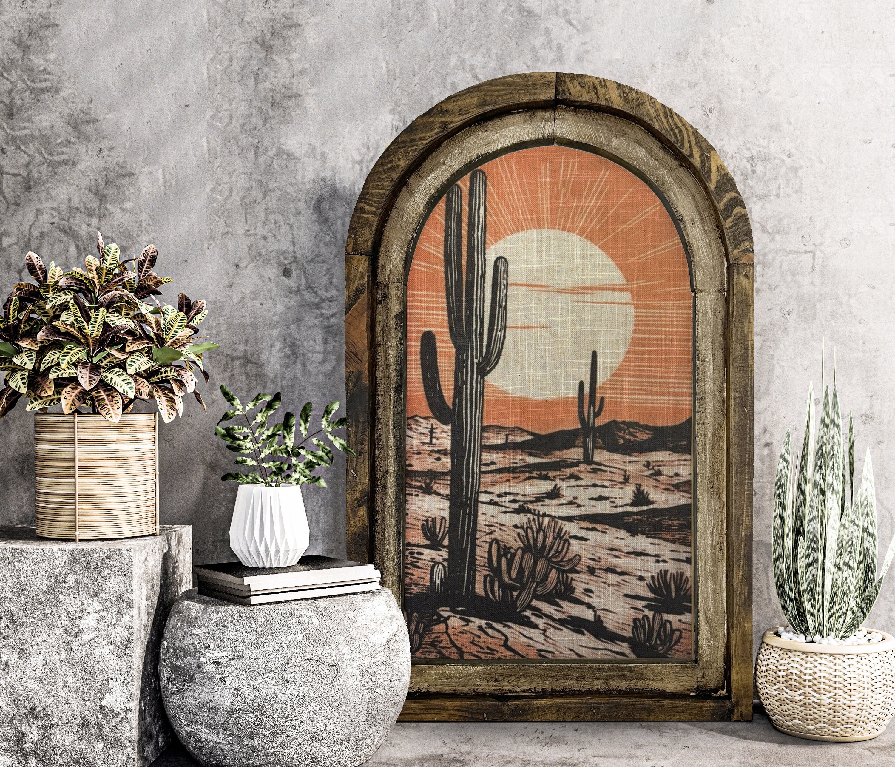 Wall Art: Arched Wooden Frame with Terracotta Sunburst Print