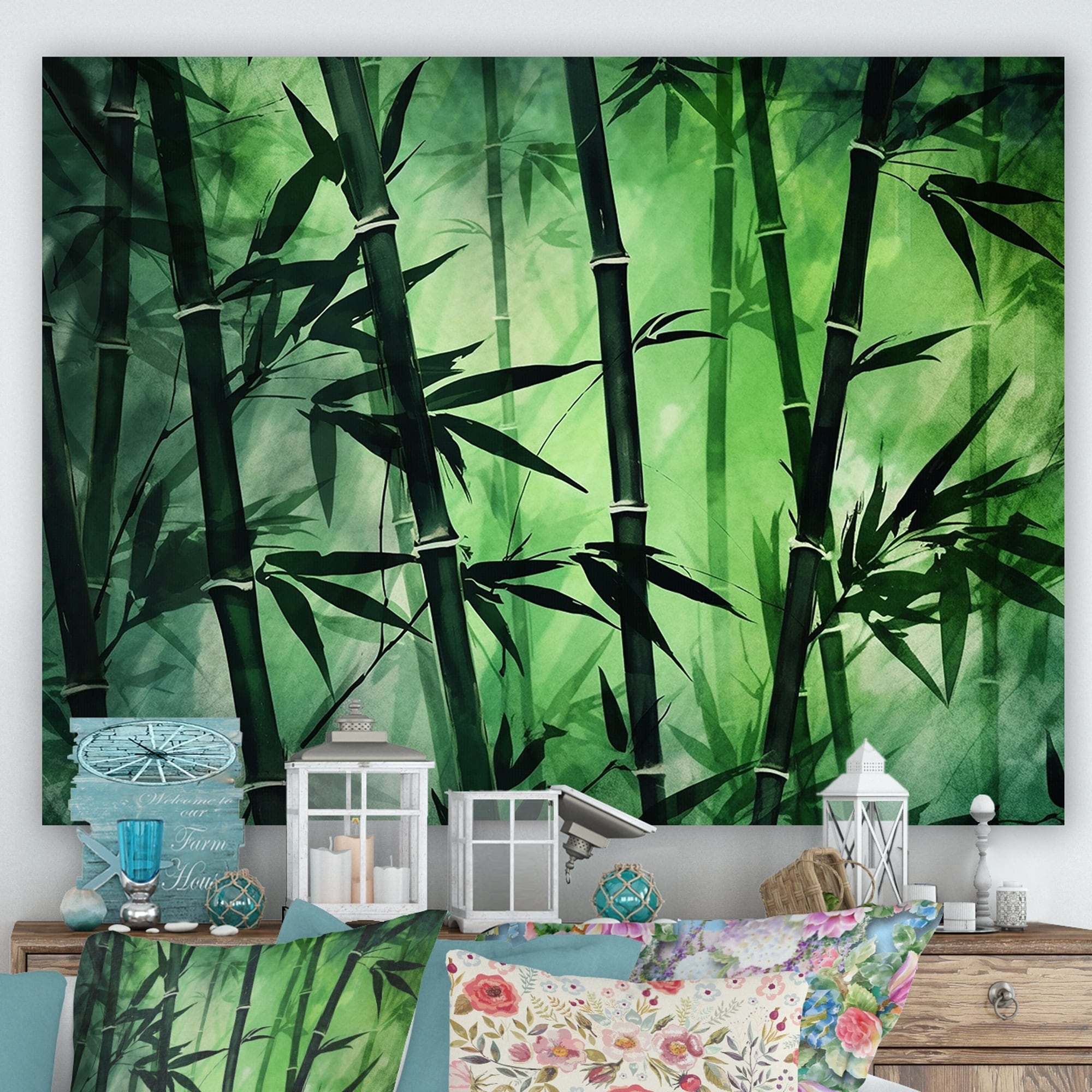 Wall Art Canvas Bamboo Forest Pattern for Green Botanical Decor