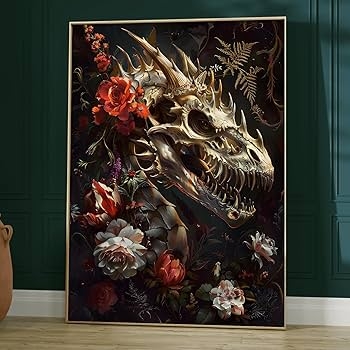 Wall Art: Dragon Skull Skeletal Art Gothic Botanical Decor
