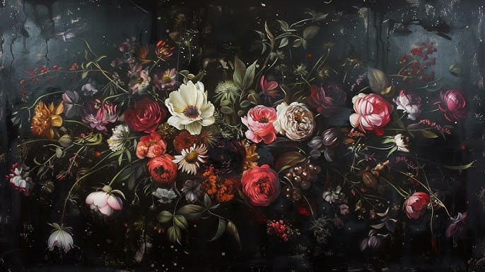 Wall Art: Dripping Paint Effect Dark Floral Masterpiece