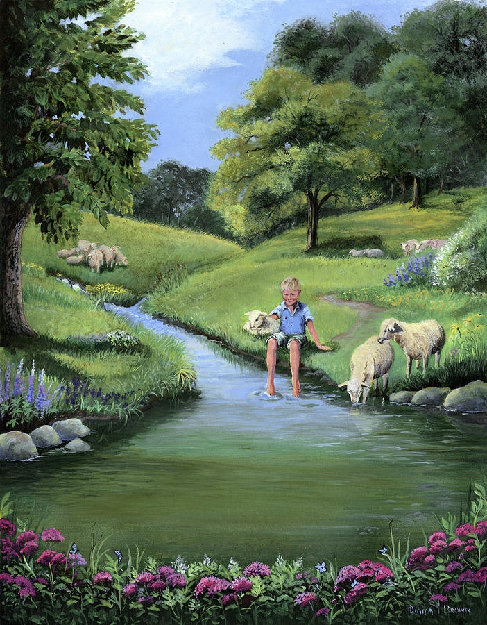 Wall Art Floral Foreground Grazing Sheep Nursery Painting