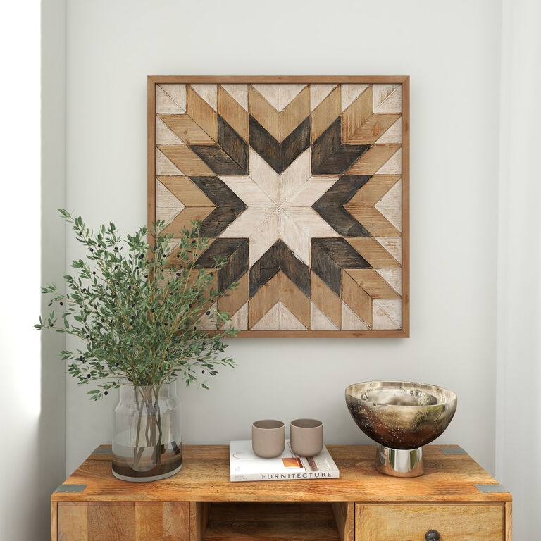 Wall Art: Geometric Star Pattern and Distressed Wood Mosaic Frame