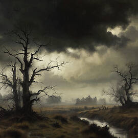 Wall Art: Gnarled Tree Silhouettes Stormy Sky Landscape