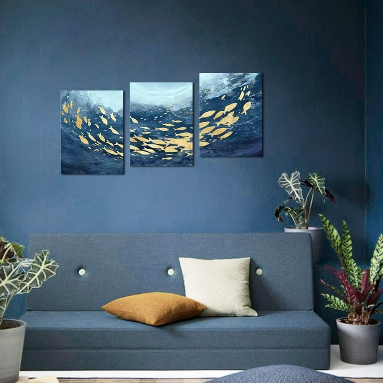 Wall Art Gold Foil Fish Abstract Ocean Triptych Painting