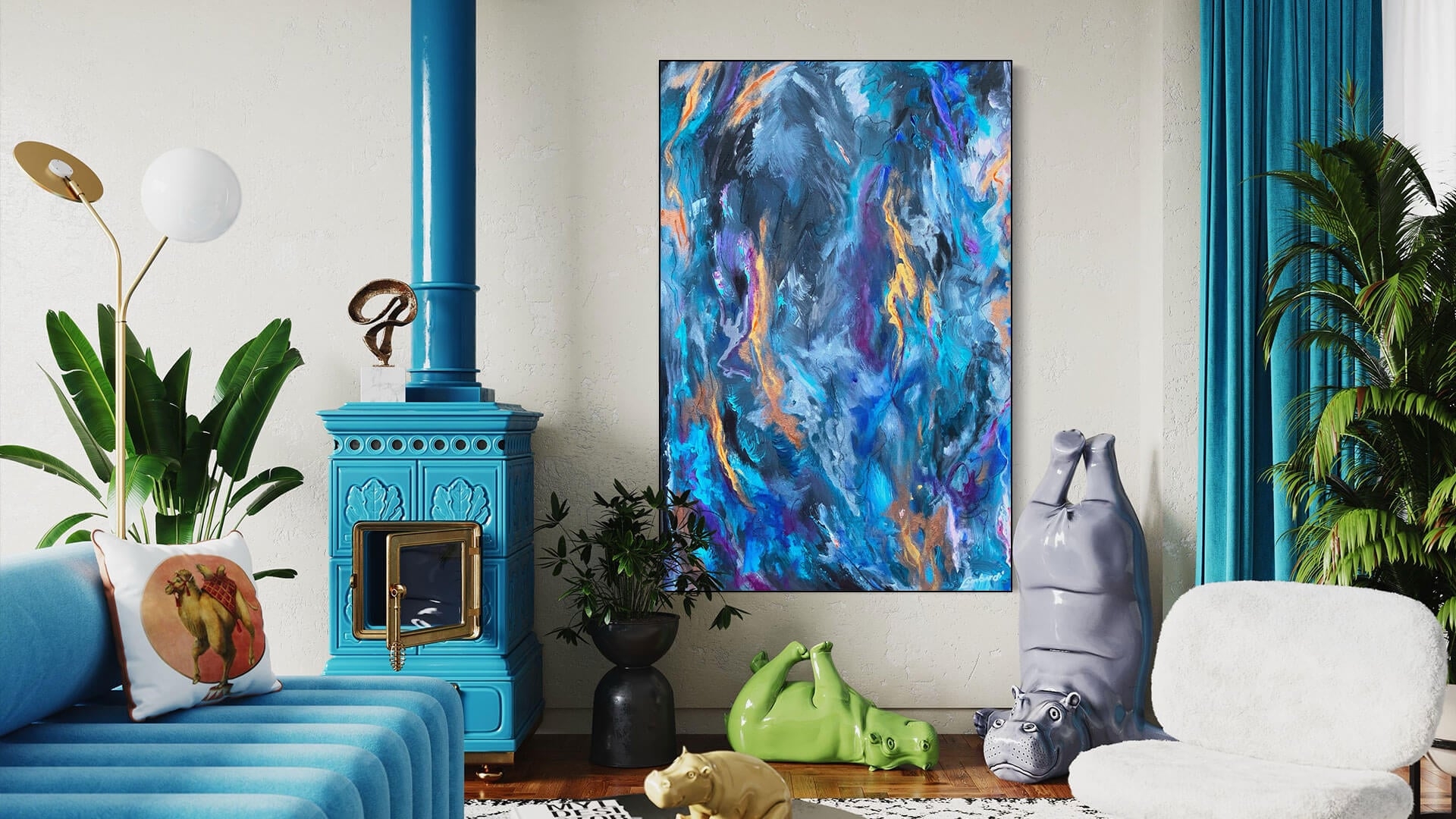 Wall Art: Large Scale Canvas Monochromatic Teal Abstract