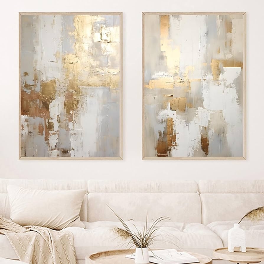 Wall Art Metallic Gold Accents Neutral Diptych Framed Canvas