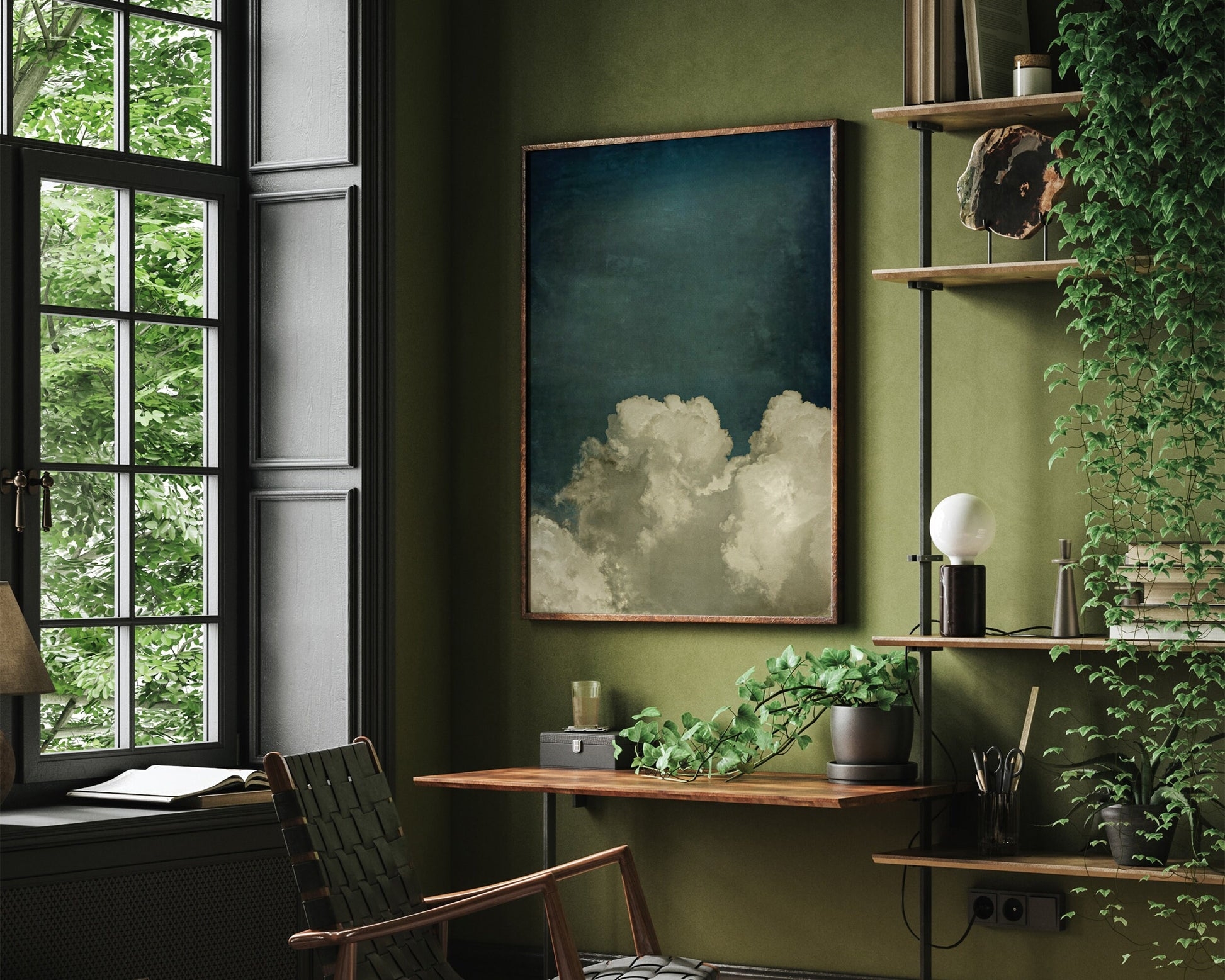 Wall Art: Olive Green Cloud Print Vintage Sky Inspiration