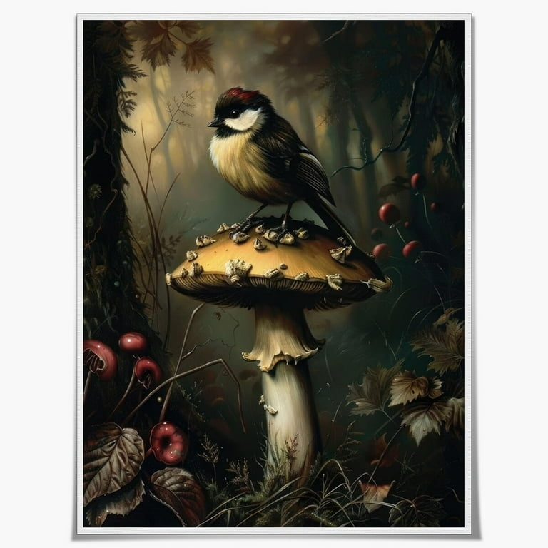 Wall Art Print: Perched Bird on Botanical Mushroom Poster