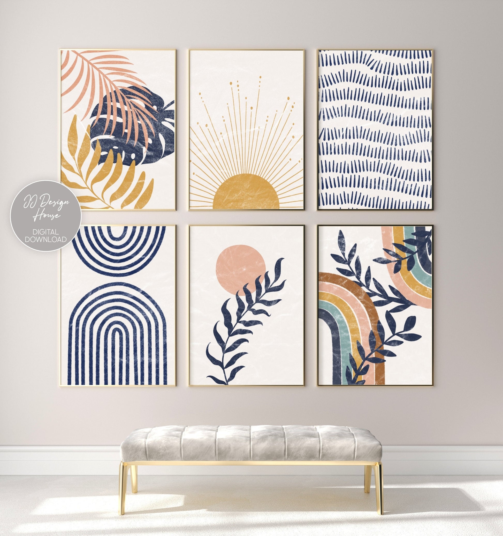 Wall Art Set Botanical Abstract Mix Navy Blue Gallery Wall