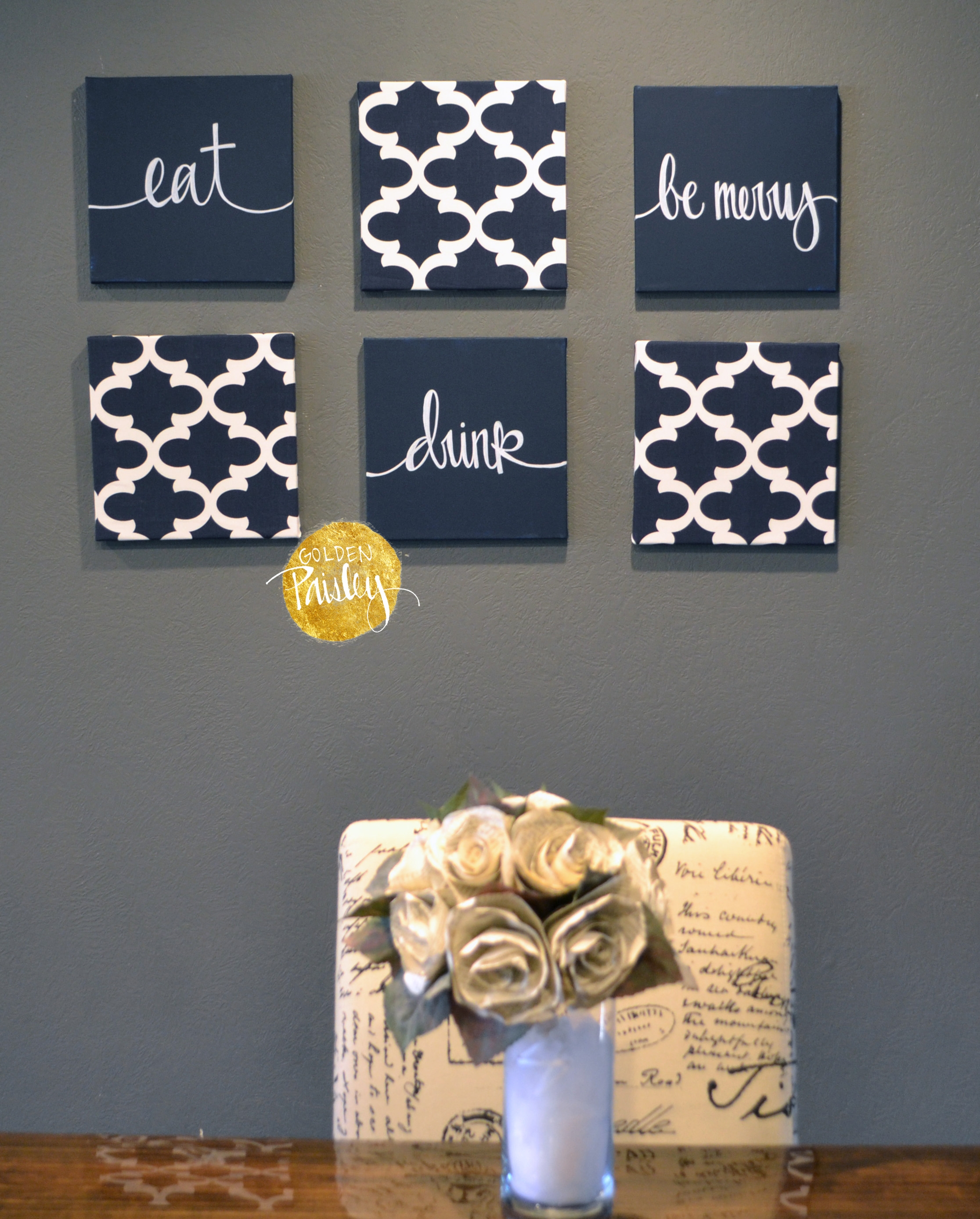 Wall Art Set Eat Drink Be Merry Text Navy Blue Gallery Wall