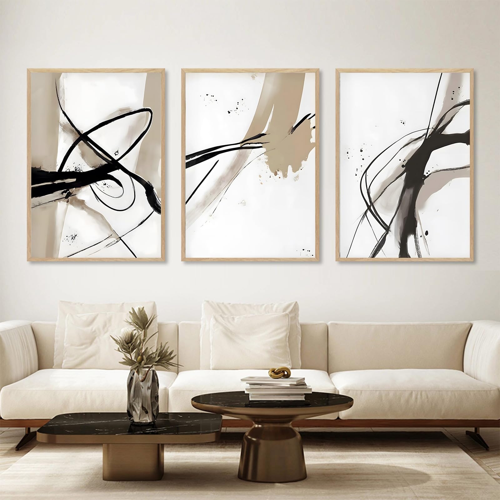 Wall Art Set Gestural Brushstrokes Triptych Abstract Lines