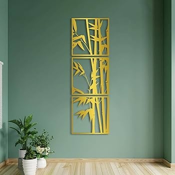 Wall Art Set Gold Vertical Bamboo Motif for Luxury Asian Decor