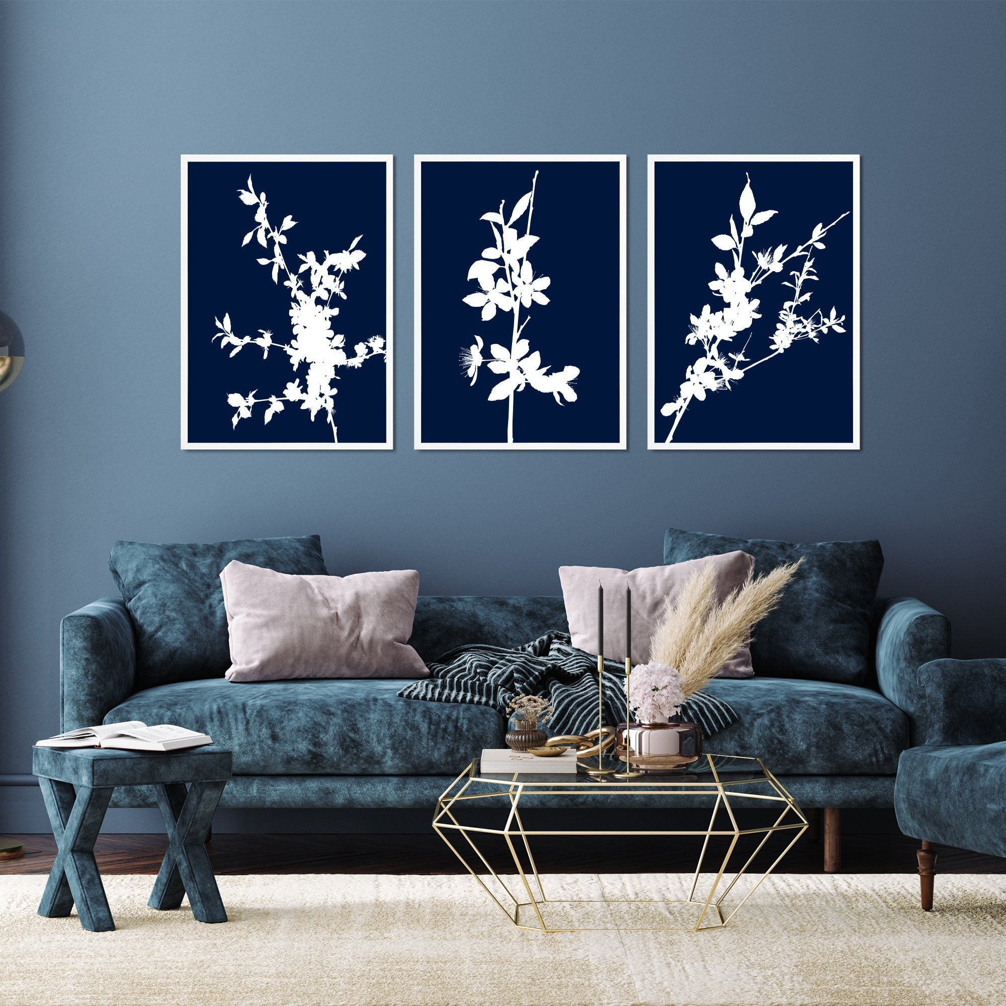 Wall Art Set Navy Floral Prints Triptych Floral Wall Decor