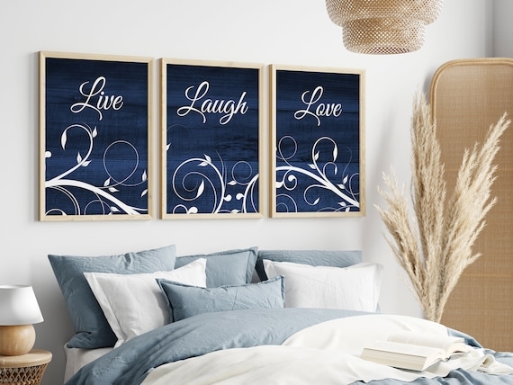 Wall Art Set Navy Wood Grain Live Laugh Love Bedroom Decor