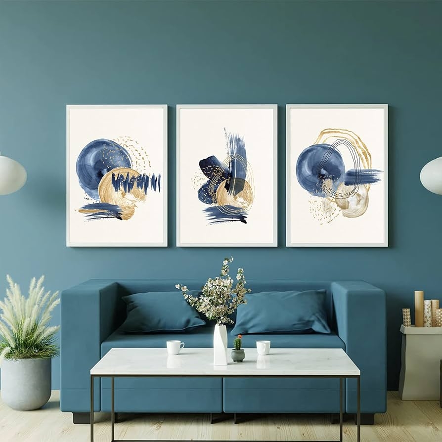 Wall Art Set Painterly Abstract Brushstrokes Blue and Gold Triptych