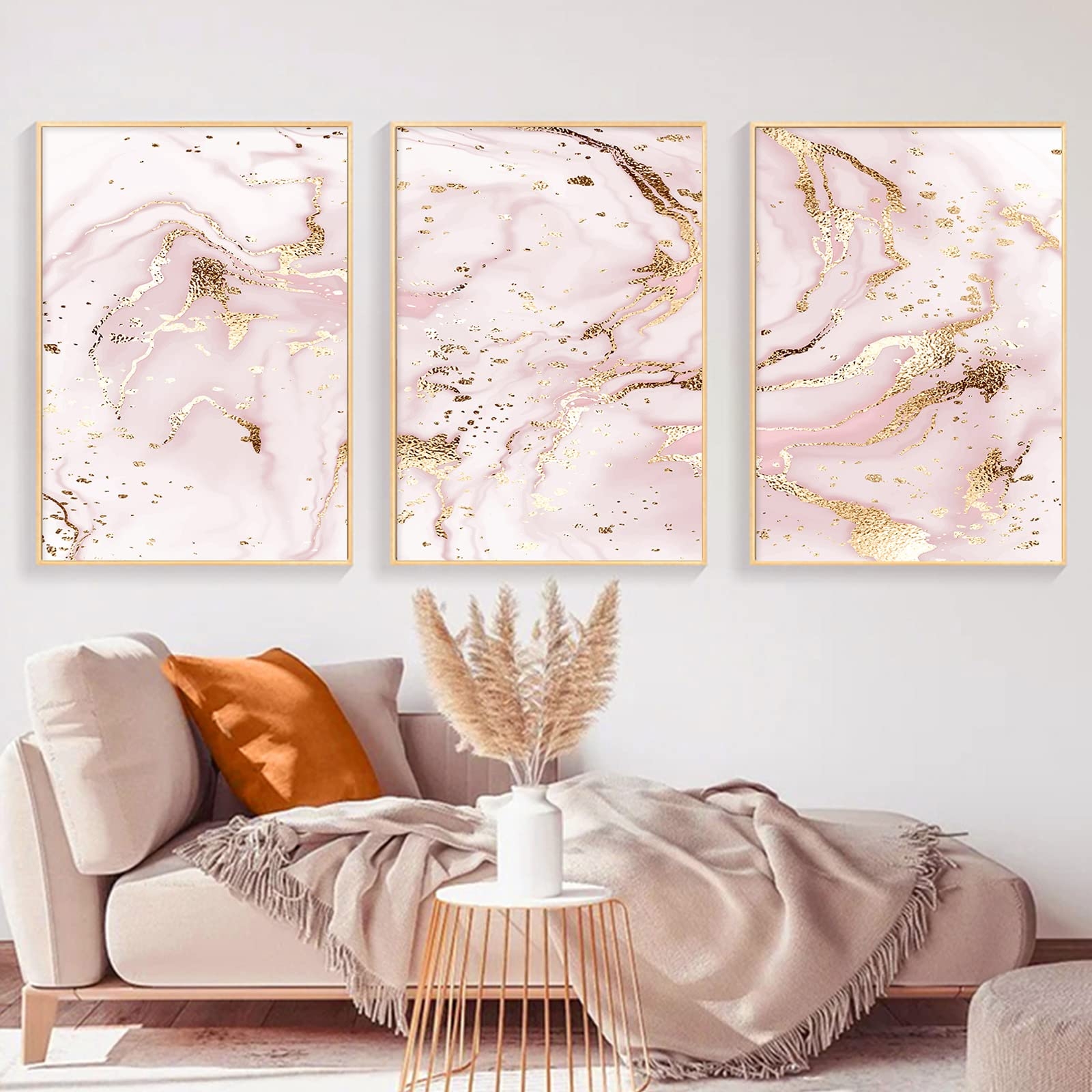 Wall Art Set Pink Gold Marble Three Piece Canvas Decor
