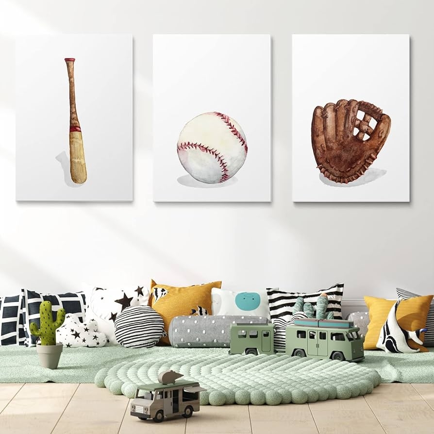 Wall Art Set: Sage Green Watercolor Nursery Baseball