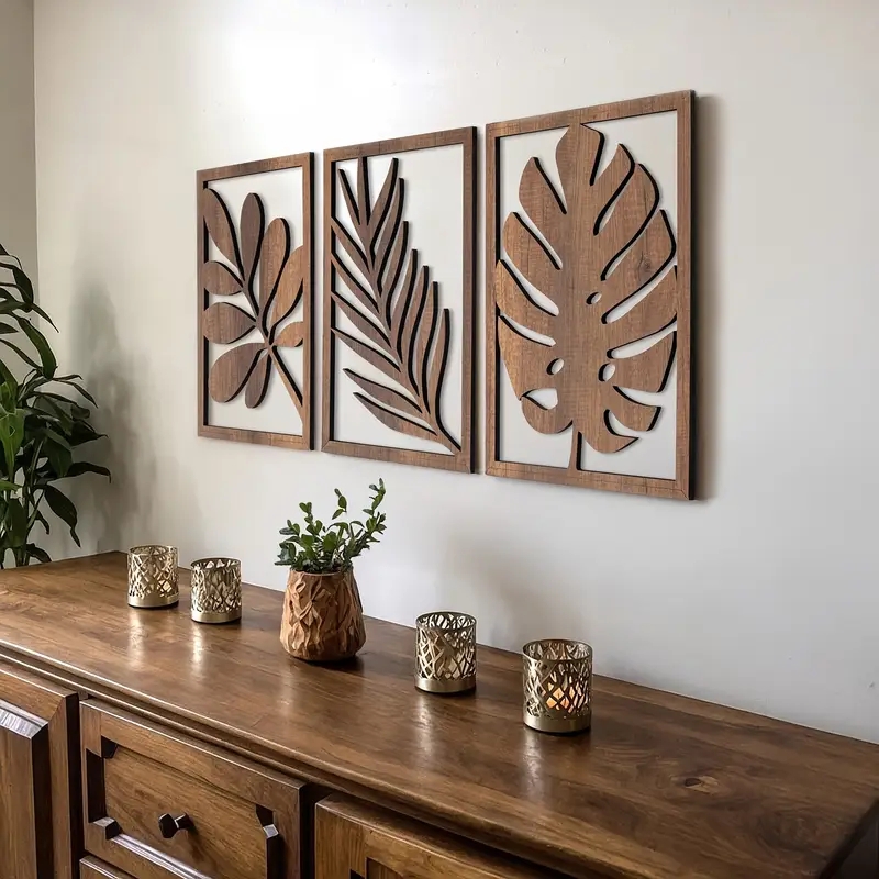 Wall Art Set: Triptych Layout Walnut Leaf Wall Art