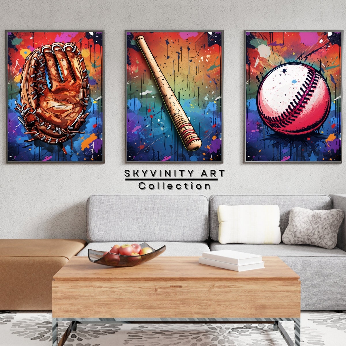 Wall Art Set: Urban Graffiti Splatter Baseball Prints Trio